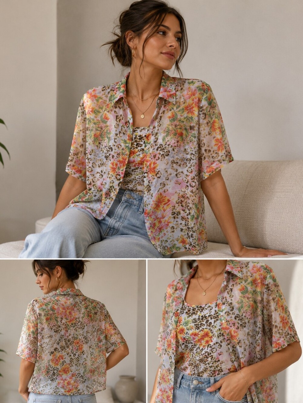Premier International Floral Leopard Print Blouse + Tank Set Size L | Sheer